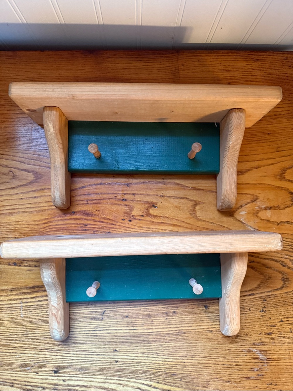 Wooden Green Wall Shelves Two Pegs